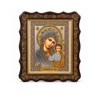Икона Казанска Света Богородица с декоративна кафява рамка – 20 × 22 см