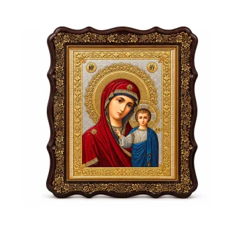 Икона Казанска Света Богородица с Младенеца, декоративна кафява рамка със златисти орнаменти, 20 × 22 см