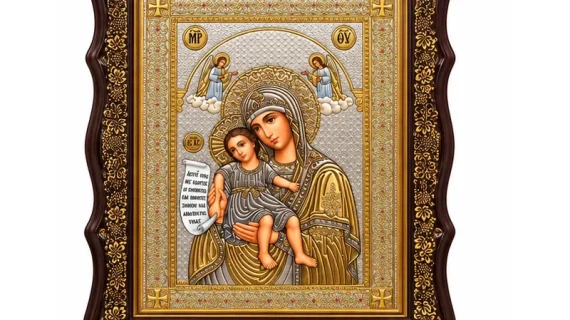 Икона Света Богородица Достойно ест с Младенеца, масивна кафява дървена рамка със златисти орнаменти и защитно стъкло, 20 × 22 см